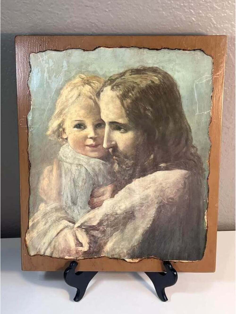 50s Vintage Jesus Holding Child Wood Wall Plaque Decoupage 14” x 12”